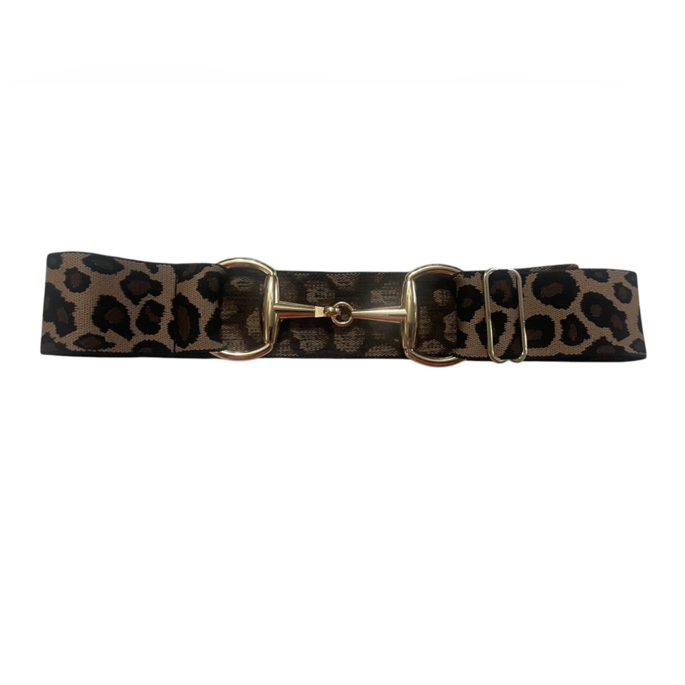 NWT Luxequine 1 1/2” Wide Black/Tan Leopard Belt with Gold Snaffle Bit Buckle